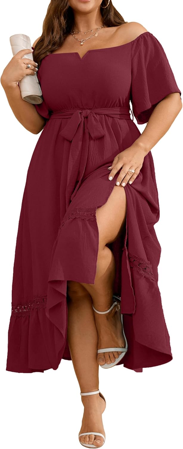 RWJ Women's Plus Size Dress for Cocktail Wedding Guest Formal V Neck Off The Shoulder Maxi Dress with Belt - Image 14