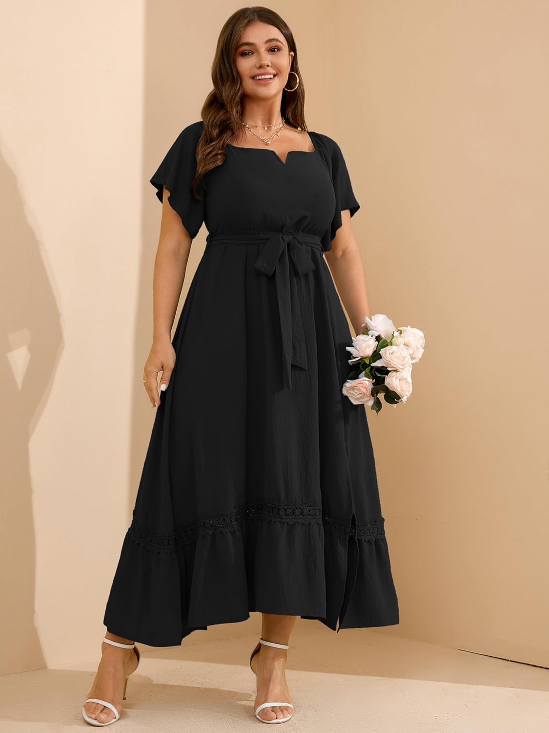 RWJ Women's Plus Size Dress for Cocktail Wedding Guest Formal V Neck Off The Shoulder Maxi Dress with Belt - Image 4