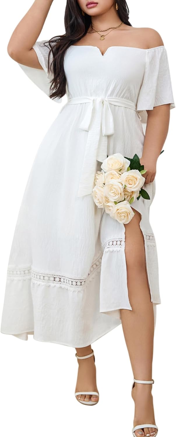 RWJ Women's Plus Size Dress for Cocktail Wedding Guest Formal V Neck Off The Shoulder Maxi Dress with Belt - Image 12