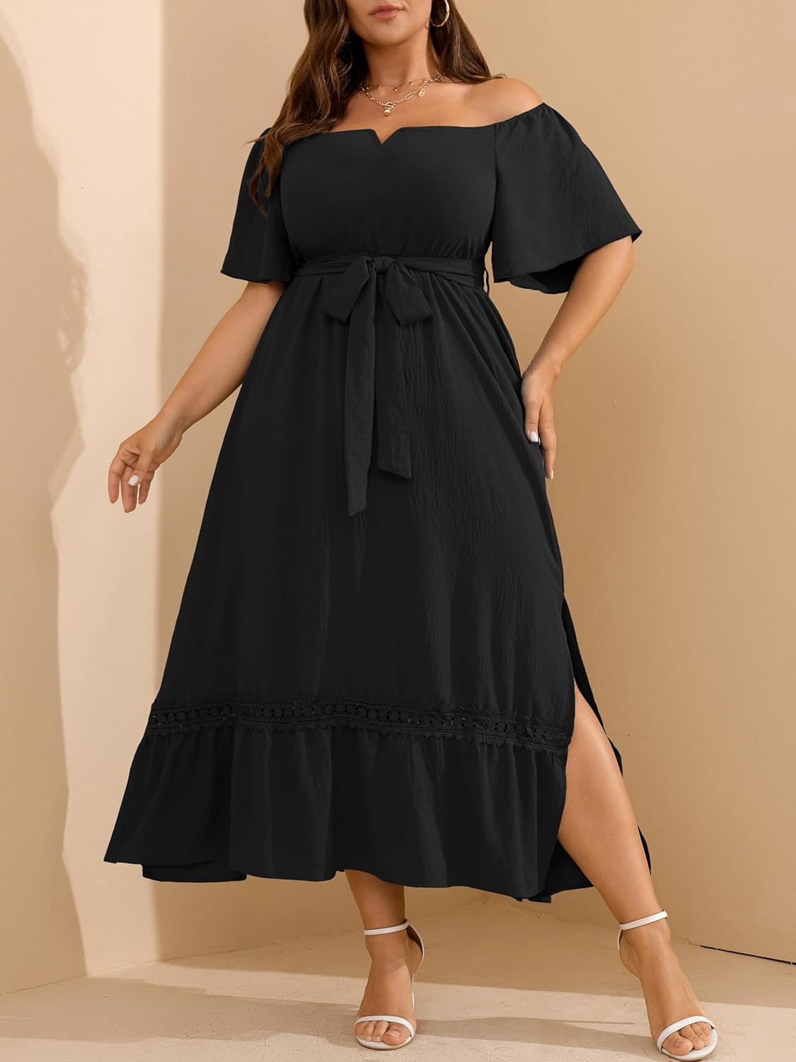 RWJ Women's Plus Size Dress for Cocktail Wedding Guest Formal V Neck Off The Shoulder Maxi Dress with Belt - Image 3
