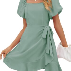 SAMPEEL Womens Summer Dresses Square Neck Puff Sleeve Tie Waist Short Dress