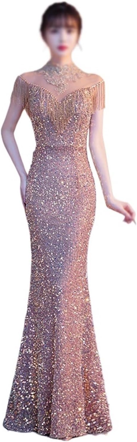 SIDUFHAOPKLL Gold Evening Gown Sequin Slim Annual Party Dress Heavy Industry Banquet Dress