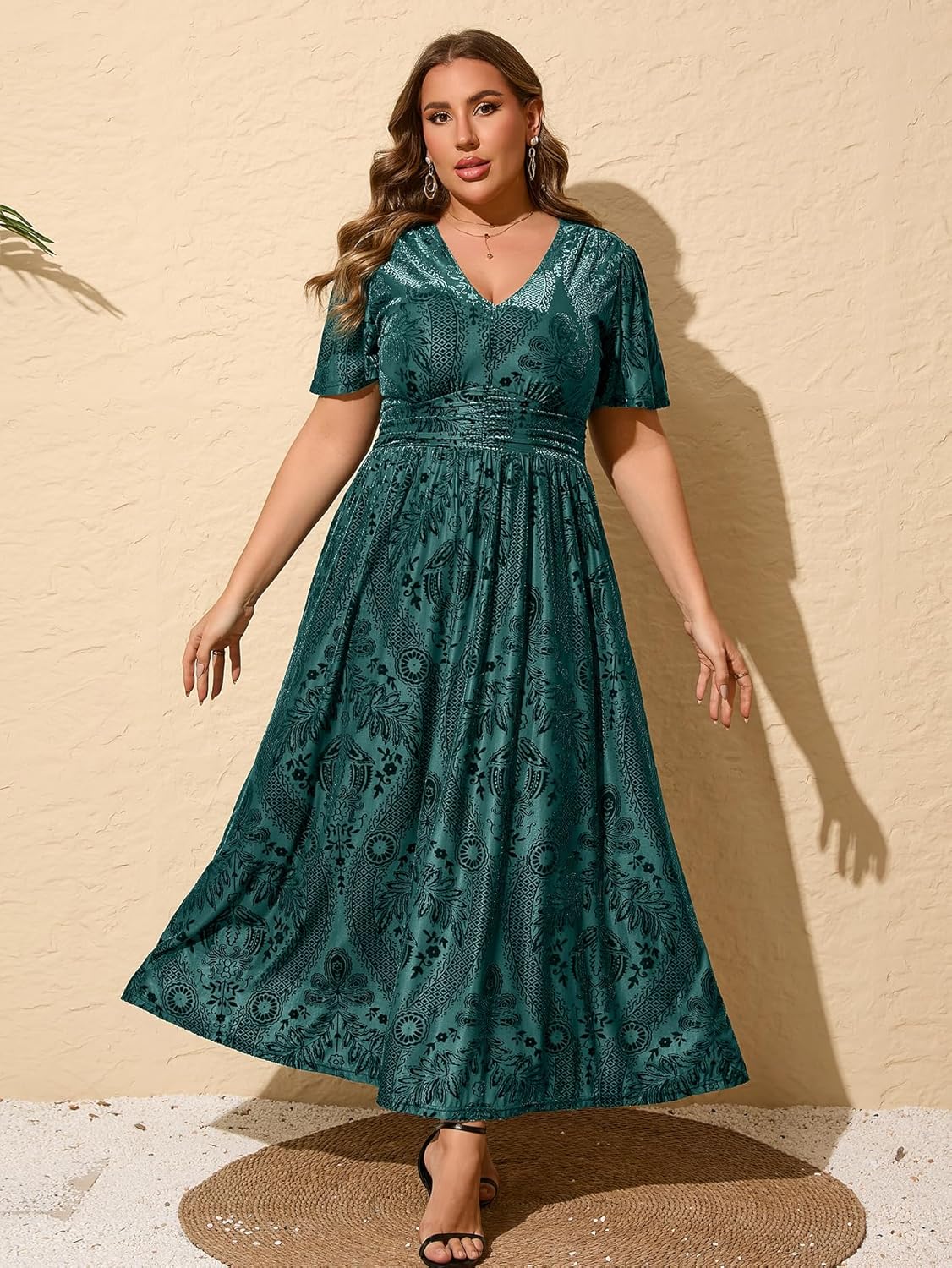 Simplee Women\u2019s V Neck Velvet Maxi Dress Short Sleeve Empire Waist Long Formal Dress for Wedding Guest - Image 3