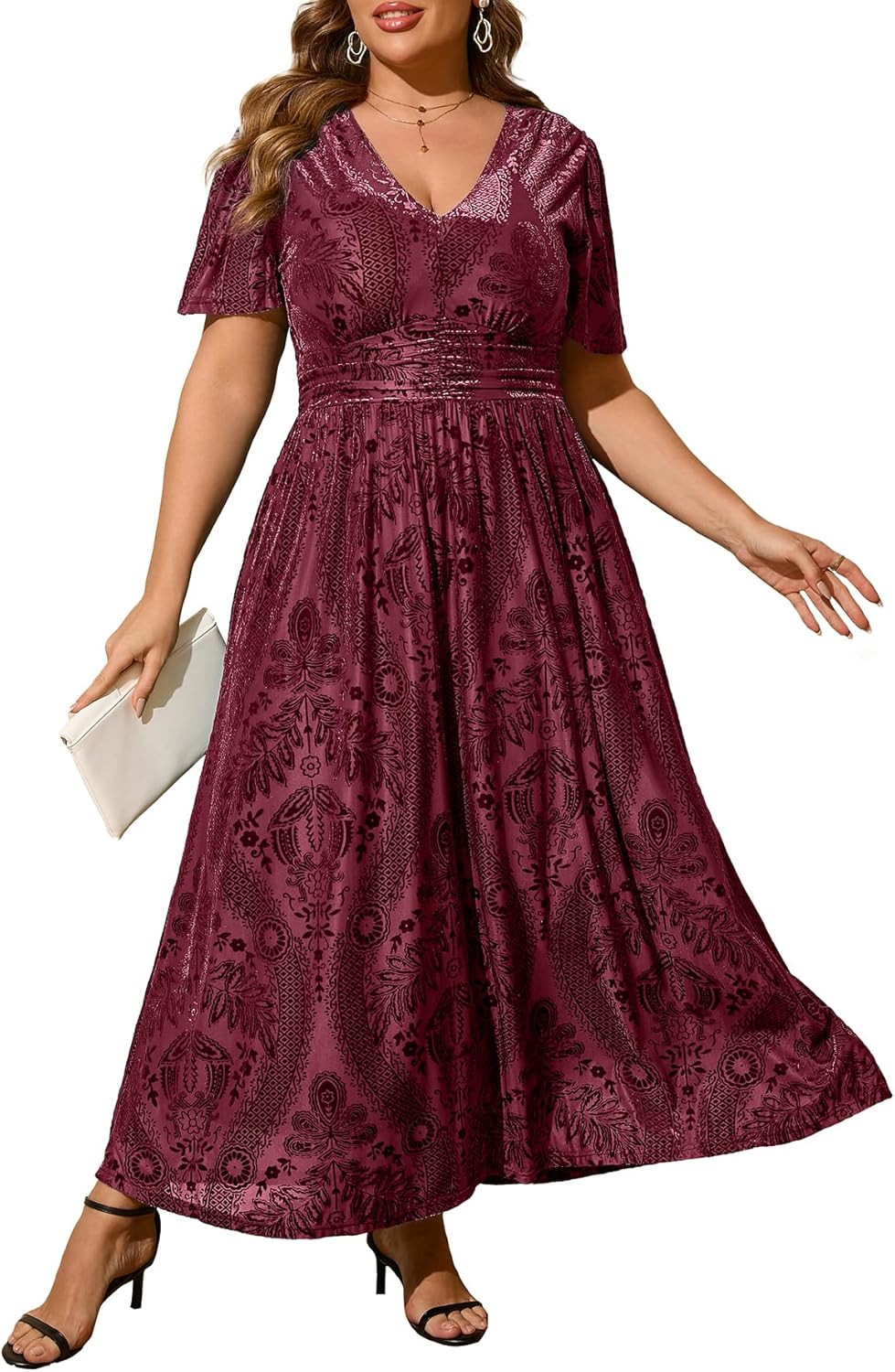 Simplee Women\u2019s V Neck Velvet Maxi Dress Short Sleeve Empire Waist Long Formal Dress for Wedding Guest - Image 33