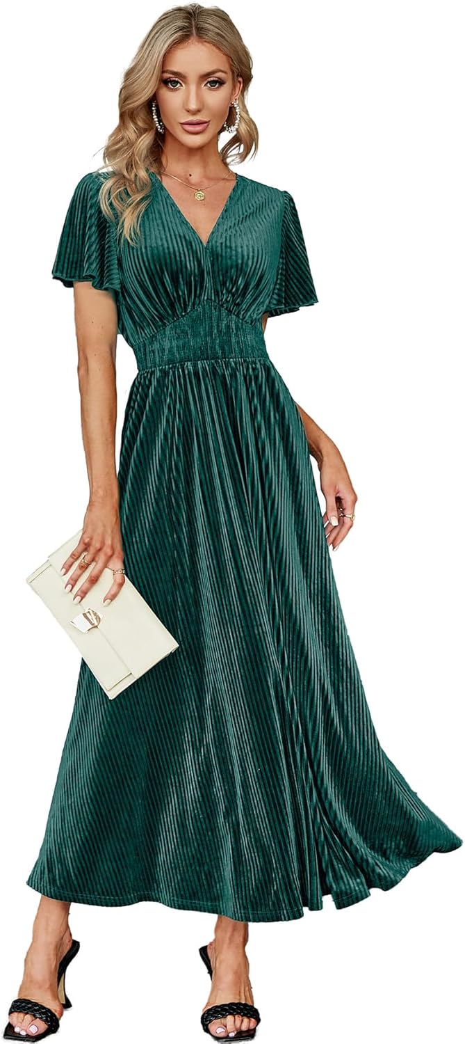 Simplee Women\u2019s V Neck Velvet Maxi Dress Short Sleeve Empire Waist Long Formal Dress for Wedding Guest - Image 31