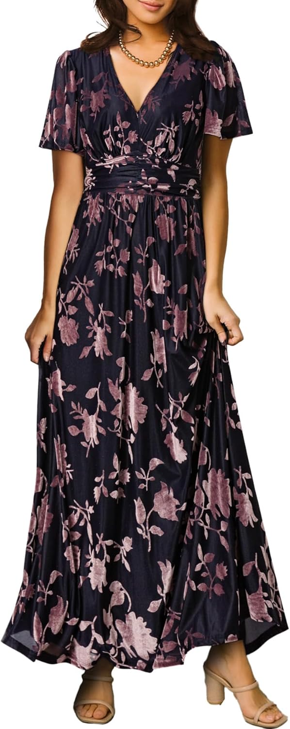 Simplee Women\u2019s V Neck Velvet Maxi Dress Short Sleeve Empire Waist Long Formal Dress for Wedding Guest - Image 13
