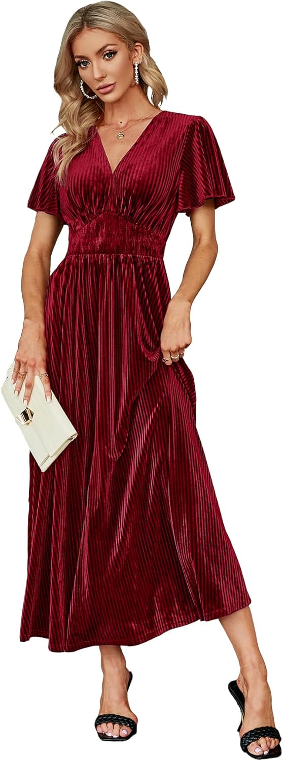 Simplee Women\u2019s V Neck Velvet Maxi Dress Short Sleeve Empire Waist Long Formal Dress for Wedding Guest - Image 11