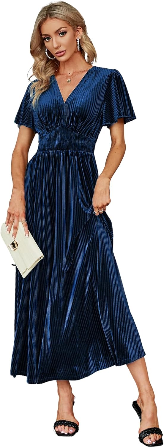 Simplee Women\u2019s V Neck Velvet Maxi Dress Short Sleeve Empire Waist Long Formal Dress for Wedding Guest - Image 34