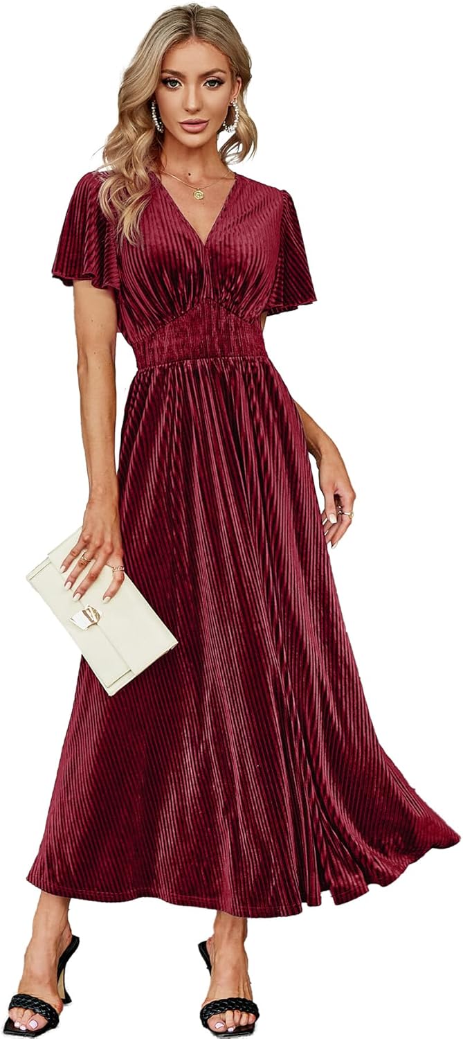 Simplee Women\u2019s V Neck Velvet Maxi Dress Short Sleeve Empire Waist Long Formal Dress for Wedding Guest - Image 25