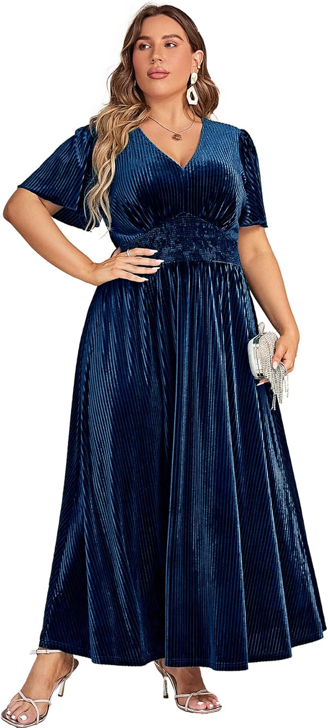 Simplee Women\u2019s V Neck Velvet Maxi Dress Short Sleeve Empire Waist Long Formal Dress for Wedding Guest - Image 26