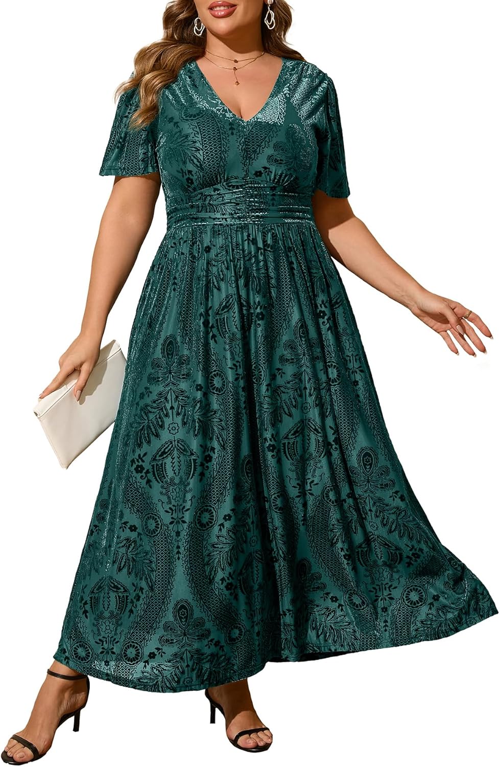 Simplee Women\u2019s V Neck Velvet Maxi Dress Short Sleeve Empire Waist Long Formal Dress for Wedding Guest