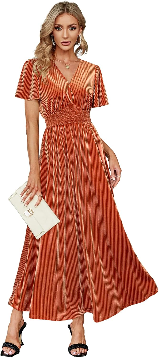 Simplee Women\u2019s V Neck Velvet Maxi Dress Short Sleeve Empire Waist Long Formal Dress for Wedding Guest - Image 23