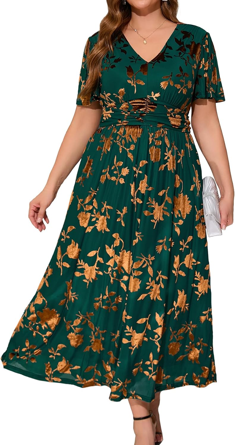 Simplee Women\u2019s V Neck Velvet Maxi Dress Short Sleeve Empire Waist Long Formal Dress for Wedding Guest - Image 35