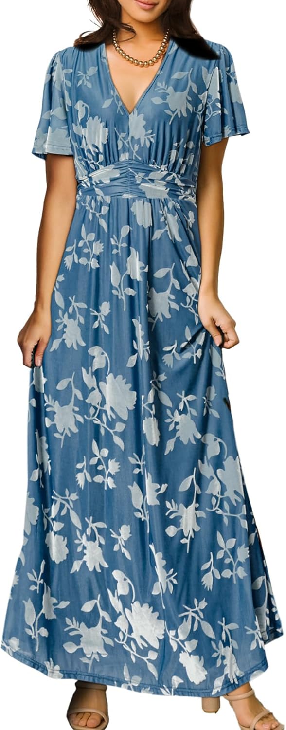 Simplee Women\u2019s V Neck Velvet Maxi Dress Short Sleeve Empire Waist Long Formal Dress for Wedding Guest - Image 19