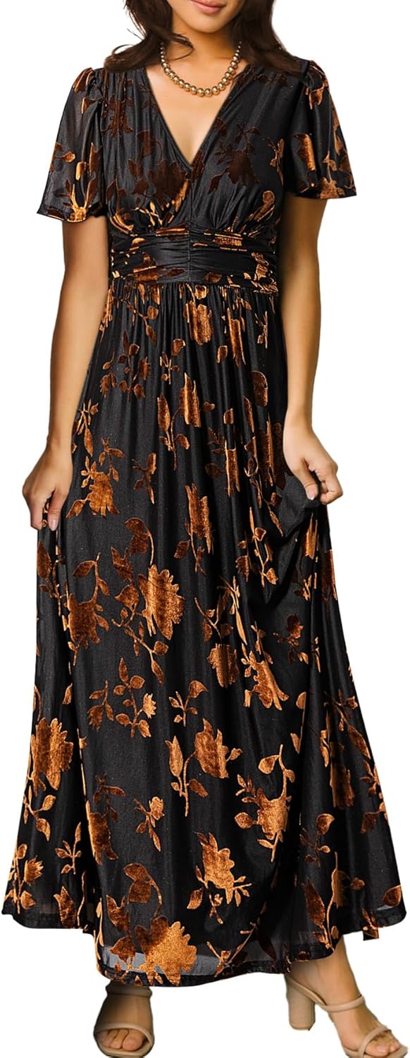 Simplee Women\u2019s V Neck Velvet Maxi Dress Short Sleeve Empire Waist Long Formal Dress for Wedding Guest - Image 8