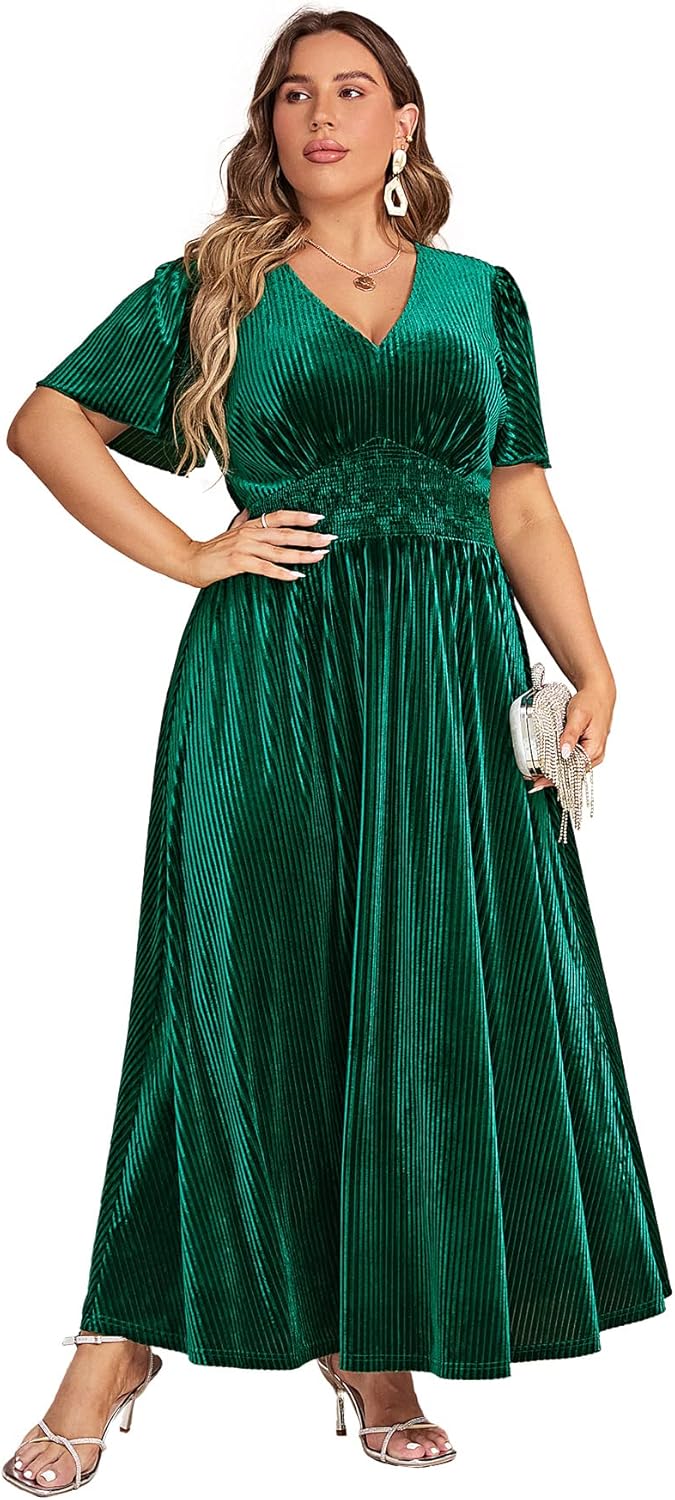 Simplee Women\u2019s V Neck Velvet Maxi Dress Short Sleeve Empire Waist Long Formal Dress for Wedding Guest - Image 12