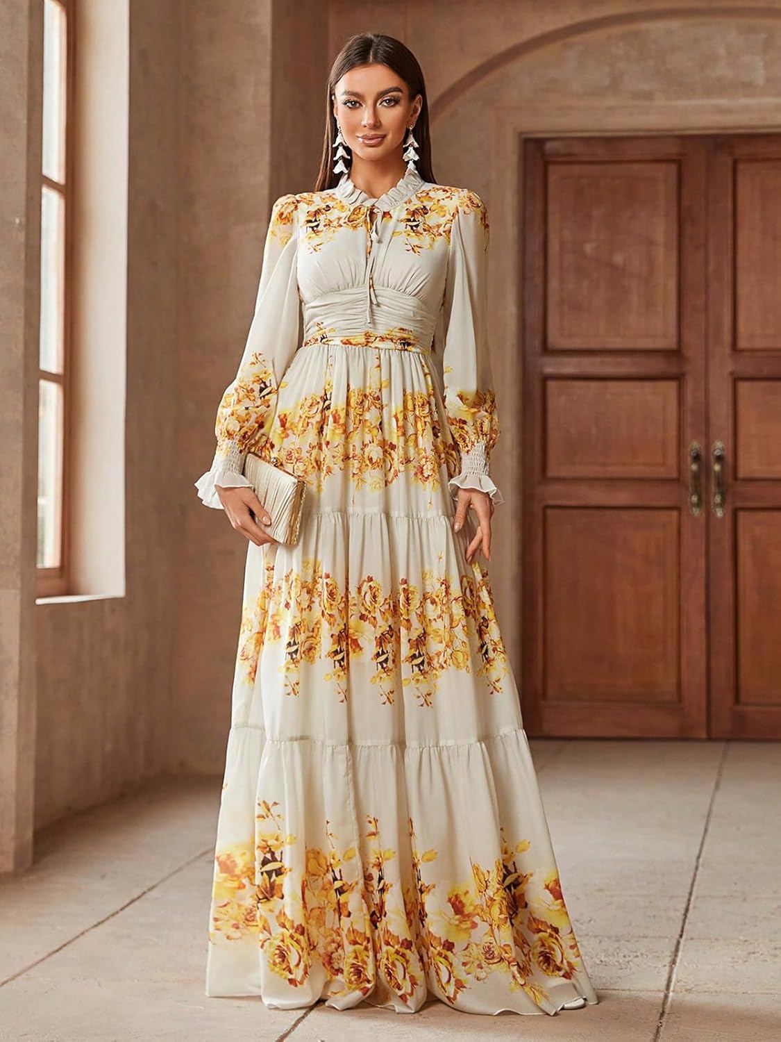 TOLEEN Summer Casual Dresses for Women 2024 Spring Fashion Boho V Neck Long Sleeve Ruffle Floral Print Elegant Maxi Dress - Image 6