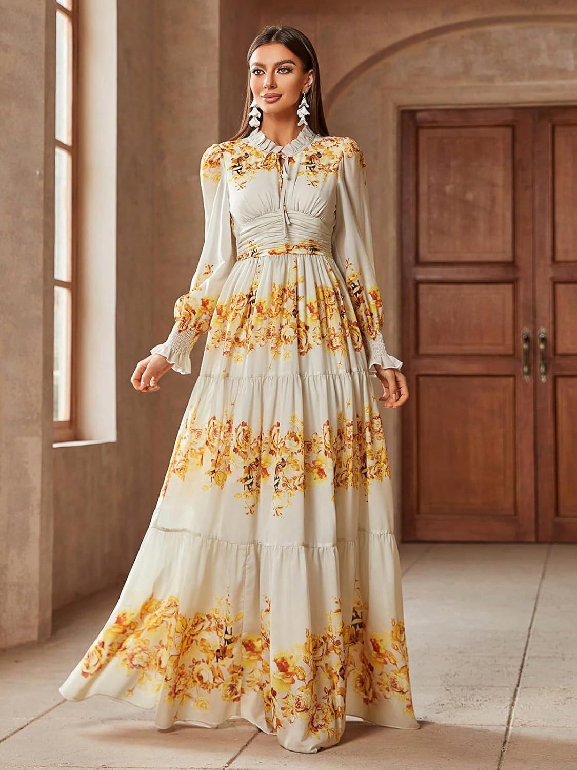 TOLEEN Summer Casual Dresses for Women 2024 Spring Fashion Boho V Neck Long Sleeve Ruffle Floral Print Elegant Maxi Dress - Image 4