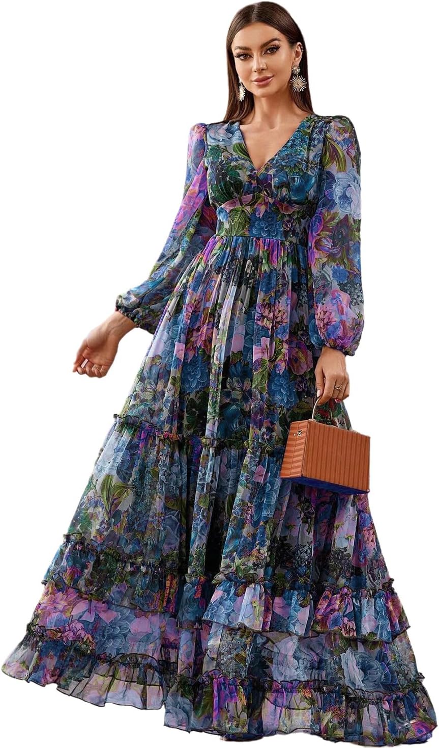 TOLEEN Summer Casual Dresses for Women 2024 Spring Fashion Boho V Neck Long Sleeve Ruffle Floral Print Elegant Maxi Dress - Image 21