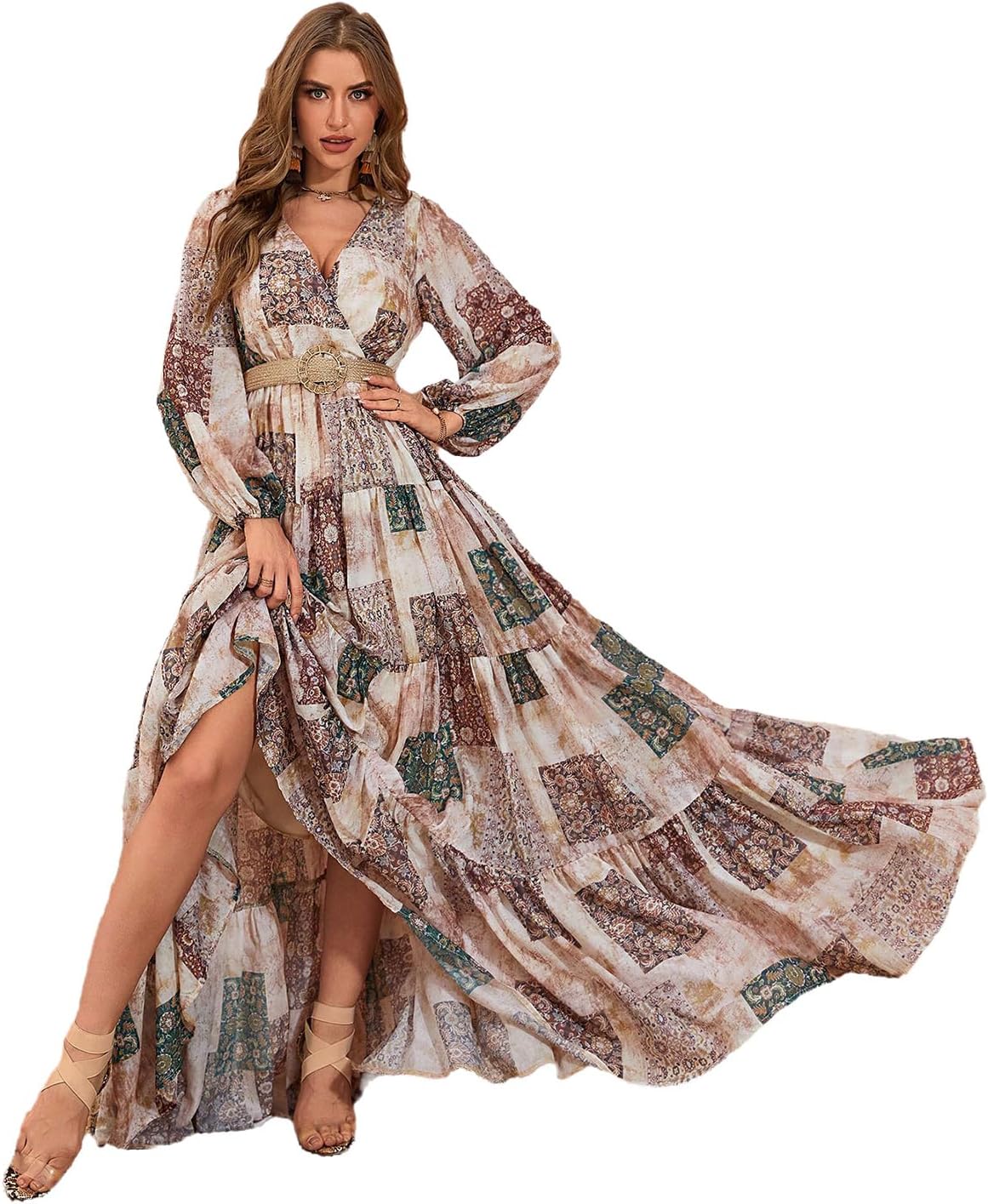 TOLEEN Summer Casual Dresses for Women 2024 Spring Fashion Boho V Neck Long Sleeve Ruffle Floral Print Elegant Maxi Dress - Image 16