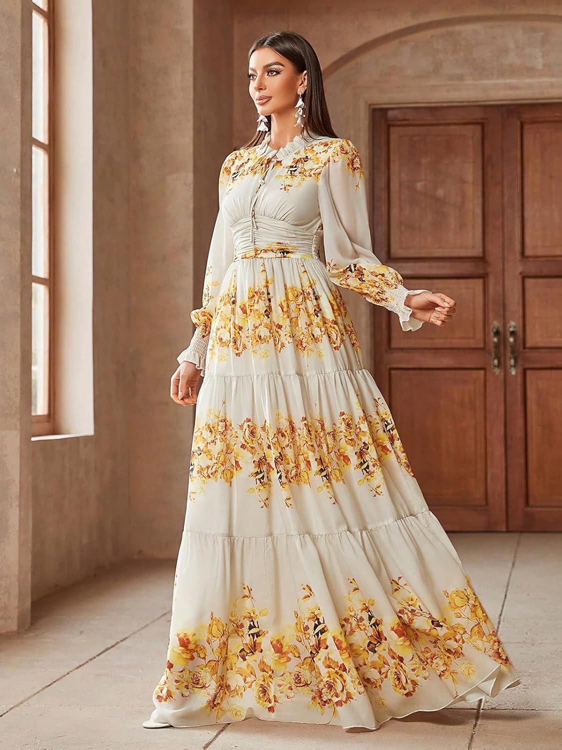 TOLEEN Summer Casual Dresses for Women 2024 Spring Fashion Boho V Neck Long Sleeve Ruffle Floral Print Elegant Maxi Dress - Image 5