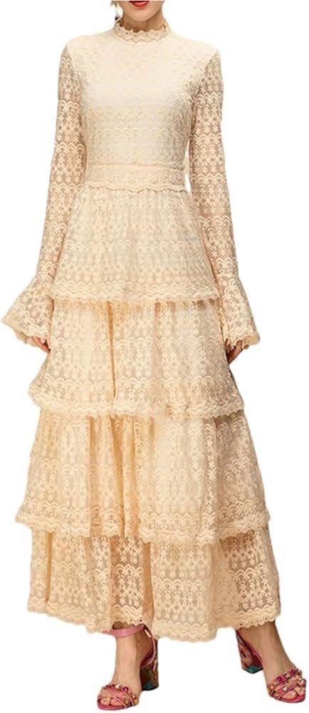 Vintage Women Flare Sleeve Mesh Floral Maxi Dress Elegant Formal Cocktail Evening Gown Embroidery Summer Casual Dress