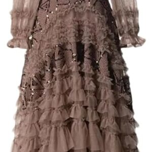 Women's Autumn and Winter Ball Gown Dress Stand Collar Lantern Sleeved Sequins Ruffles Slim Evening Dresses