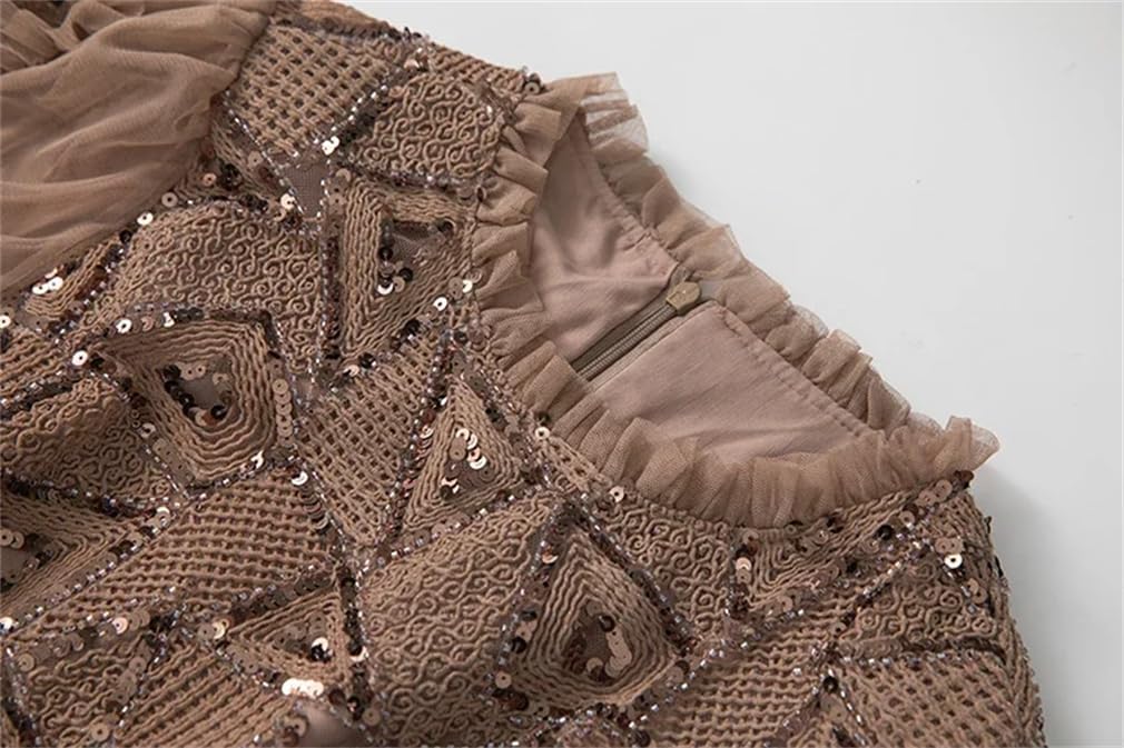 Women's Autumn and Winter Ball Gown Dress Stand Collar Lantern Sleeved Sequins Ruffles Slim Evening Dresses - Image 3