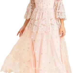 Women's Embroidered Mesh Long Dress Floral Flare Sleeve Holiday Party Evening Gown(XX-L)