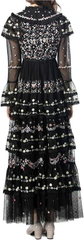 Women's Embroidered Sequin Mesh Ruffle Dress Cascading Vacation Evening Gown(Pnnrk,XX-L) - Image 9