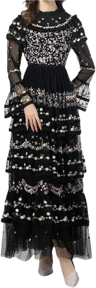 Women's Embroidered Sequin Mesh Ruffle Dress Cascading Vacation Evening Gown(Pnnrk,XX-L) - Image 8