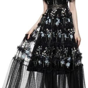 Women's Floral Embroidery Black Maxi Dress O Neck Ruffles Vestidos Eleagnt Evening Dress
