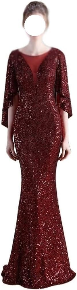 Women's Red Sequin Long Sleeve V-Neck Mermaid Evening Gown Formal Prom Wedding Guest Cocktail Dress