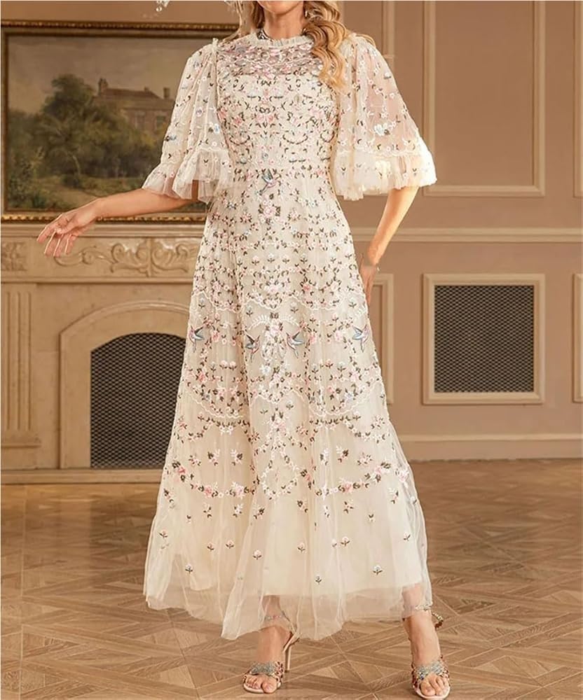 Women's Sequin Autumn Mesh Maxi Dress Heavy Embroidery Evening Gown Sparkly Party Prom Dresses - Image 6