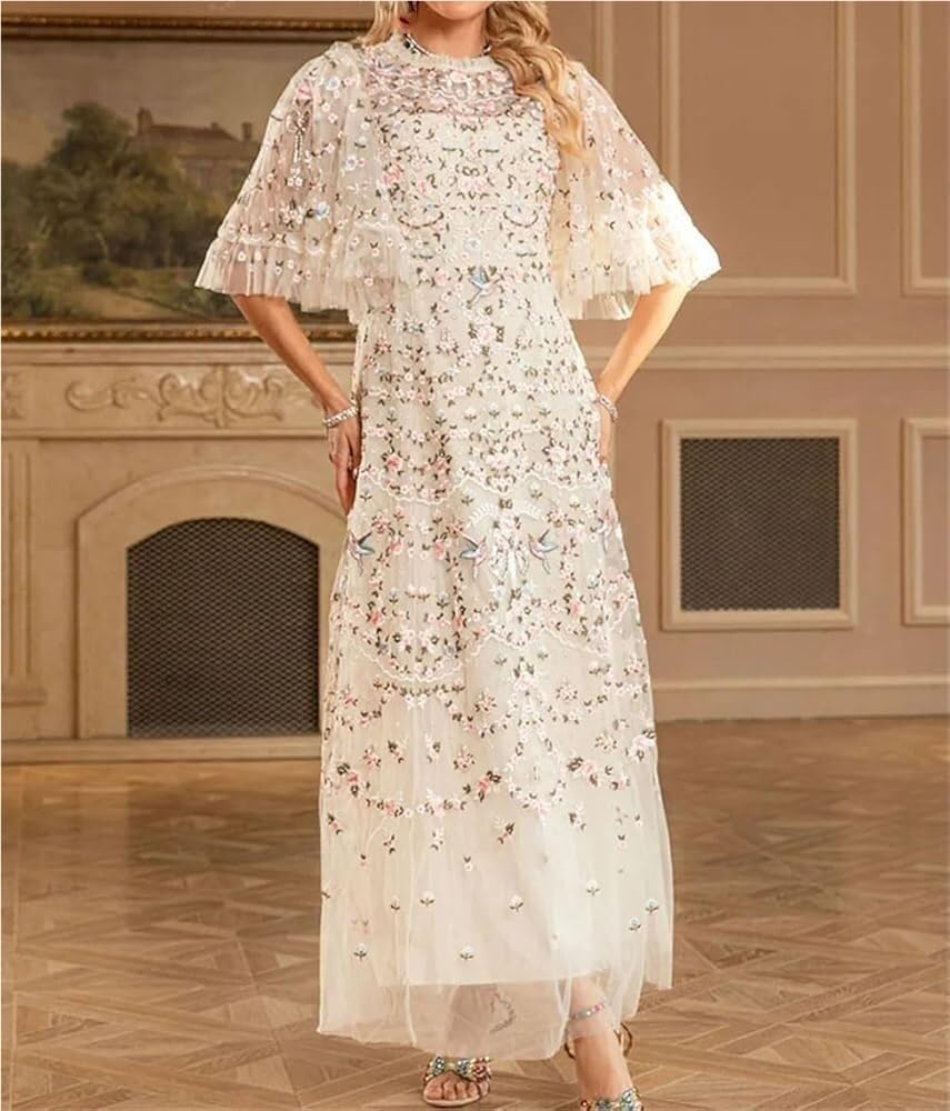 Women's Sequin Mesh Maxi Dress Heavy Embroidery Evening Gown Sparkly Party Prom Banquet Dresses - Image 2