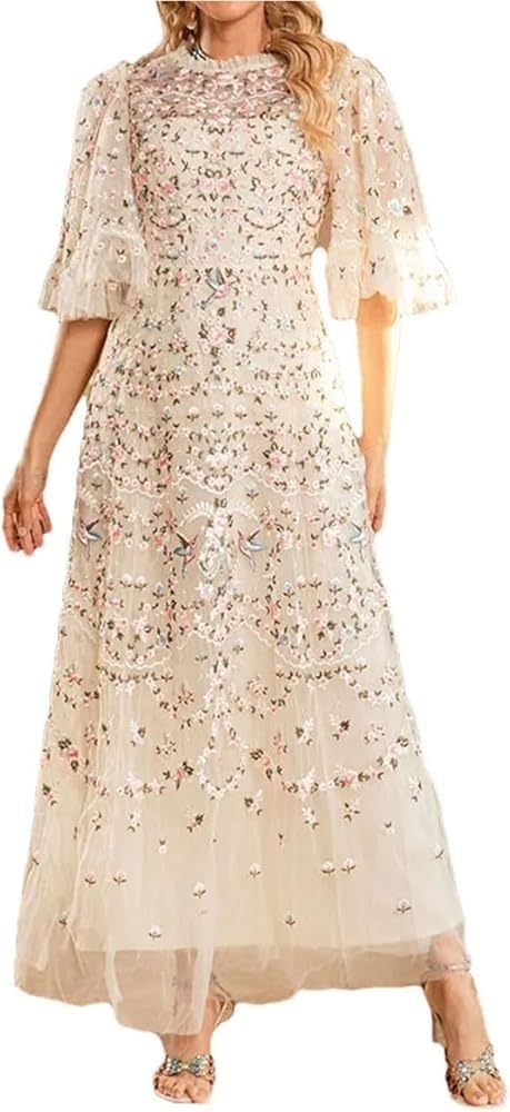 Women's Sequin Mesh Maxi Dress Heavy Embroidery Evening Gown Sparkly Party Prom Banquet Dresses