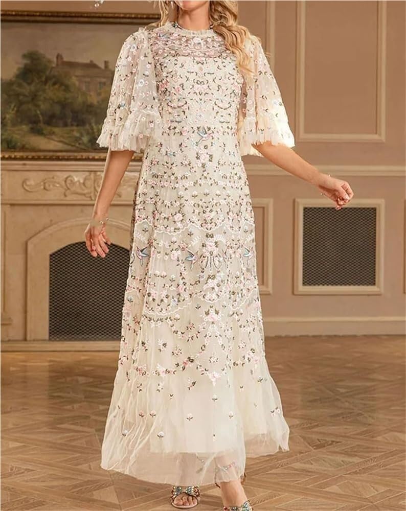 Women's Sequin Mesh Maxi Dress Heavy Embroidery Evening Gown Sparkly Party Prom Banquet Dresses - Image 4