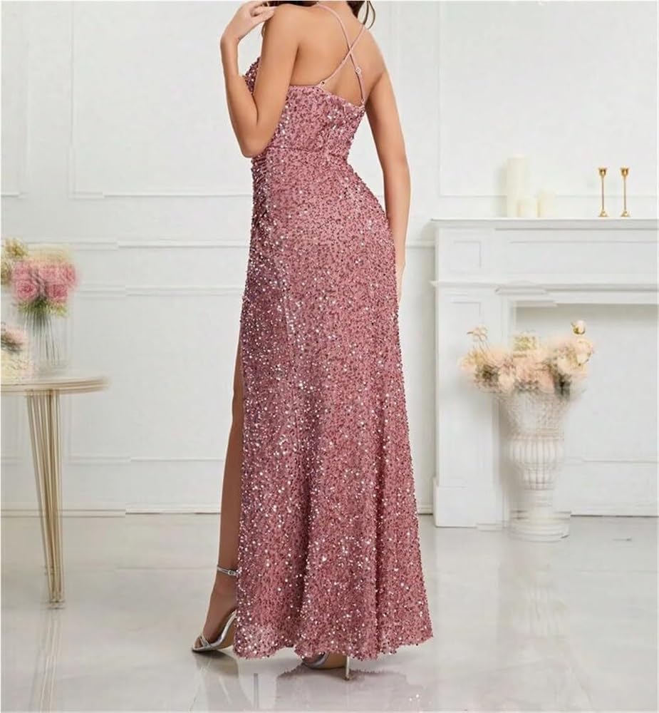 Women's Sequin Spaghetti Strap Maxi Cami Dress Deep V Neck High Split Party Evening Dresses - Image 4