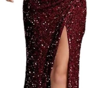 Women's Sequin Spaghetti Strap Maxi Cami Dress Deep V Neck High Split Party Evening Dresses