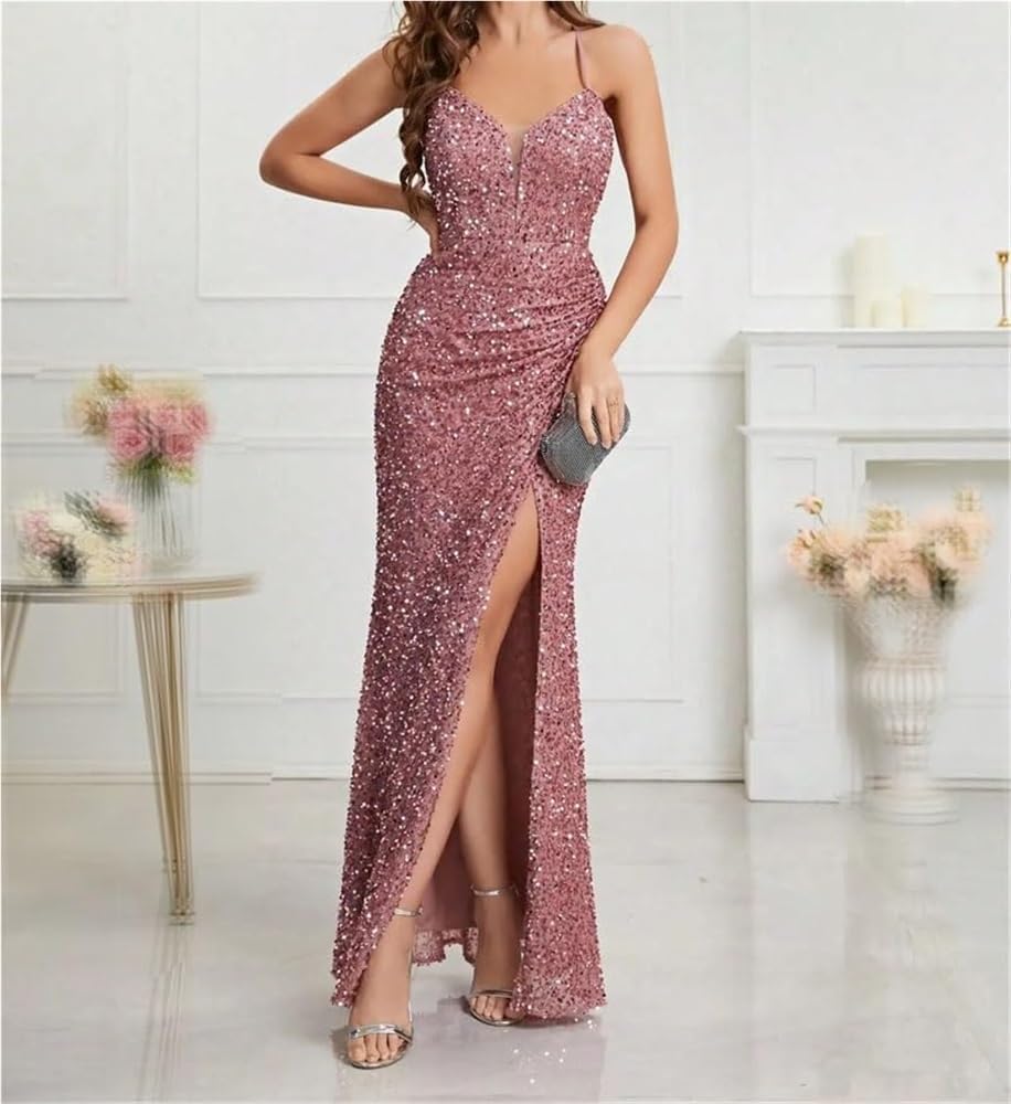 Women's Sequin Spaghetti Strap Maxi Cami Dress Deep V Neck High Split Party Evening Dresses - Image 3