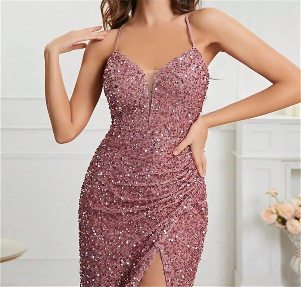 Women's Sequin Spaghetti Strap Maxi Cami Dress Deep V Neck High Split Party Evening Dresses - Image 5