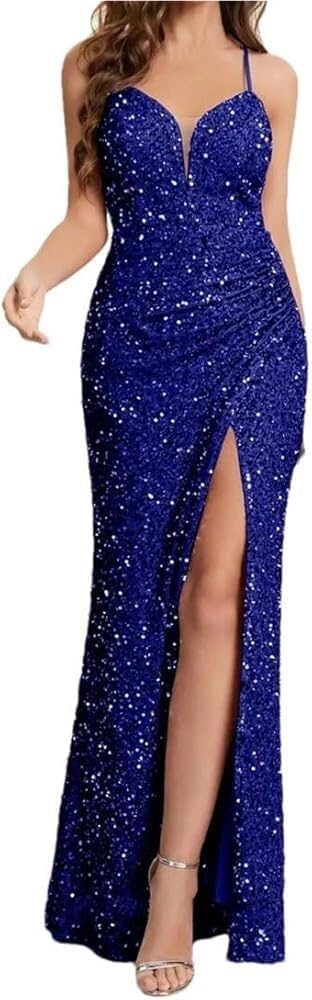 Women's Sequin Spaghetti Strap Maxi Cami Dress Deep V Neck High Split Party Evening Dresses - Image 8