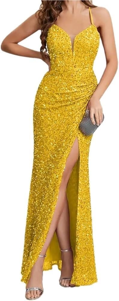 Women's Sequin Spaghetti Strap Maxi Cami Dress Deep V Neck High Split Party Evening Dresses - Image 9