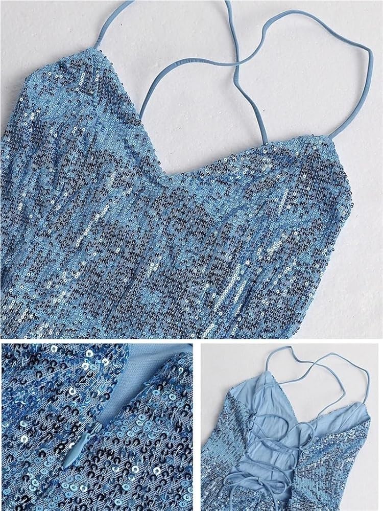 Women's Sequin Spaghetti Strap Maxi Evening Dress Backless High Split Ball Gown Party Dresses - Image 3