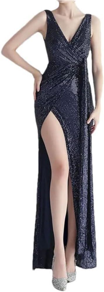 Women's Sequin V-Neck Sleeveless Mermaid Evening Gown Back Zipper Formal Party Dress
