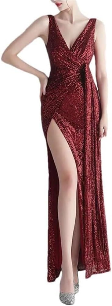 Women's Sequin V-Neck Sleeveless Mermaid Evening Gown Back Zipper Formal Party Dress - Image 9