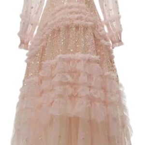 Women's Sequins Mesh Maxi Dress Crewneck Lantern Sleeve Formal Party Prom Evening Dresses