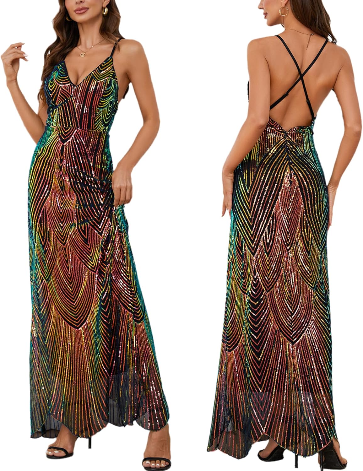 Women's V Neck Spaghetti Straps Sequin Sparkly Glitter Irregular Hem Prom Dress Bcakless Maxi Evening Gowns - Image 13