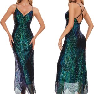 Women's V Neck Spaghetti Straps Sequin Sparkly Glitter Irregular Hem Prom Dress Bcakless Maxi Evening Gowns