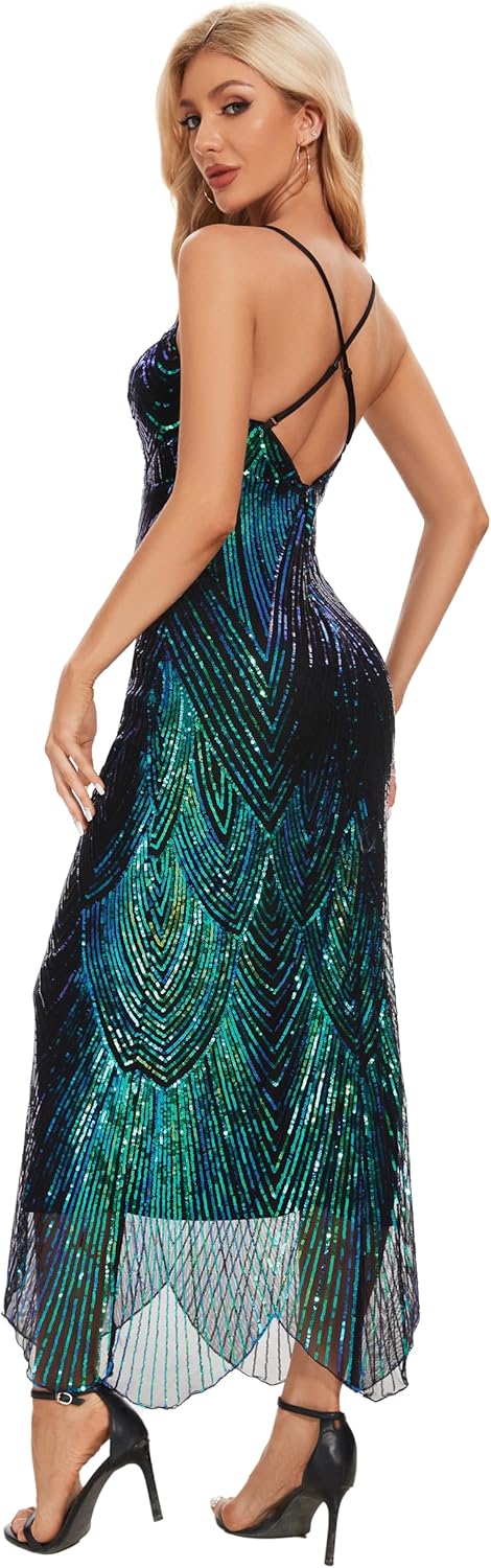 Women's V Neck Spaghetti Straps Sequin Sparkly Glitter Irregular Hem Prom Dress Bcakless Maxi Evening Gowns - Image 5